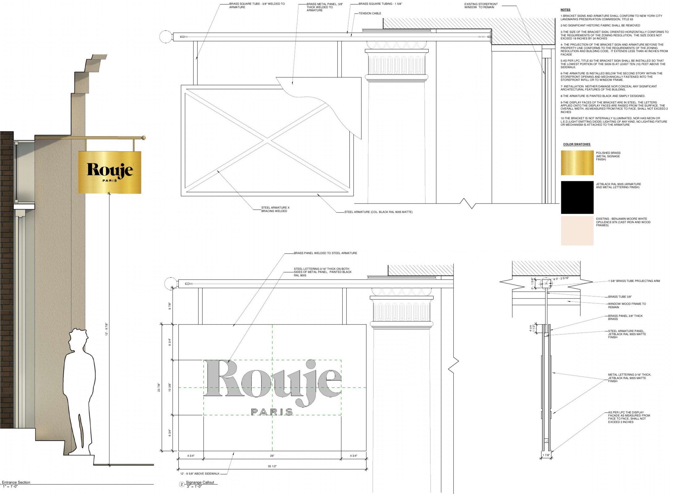Exterior signage drawings: brass bracket sign with antique b